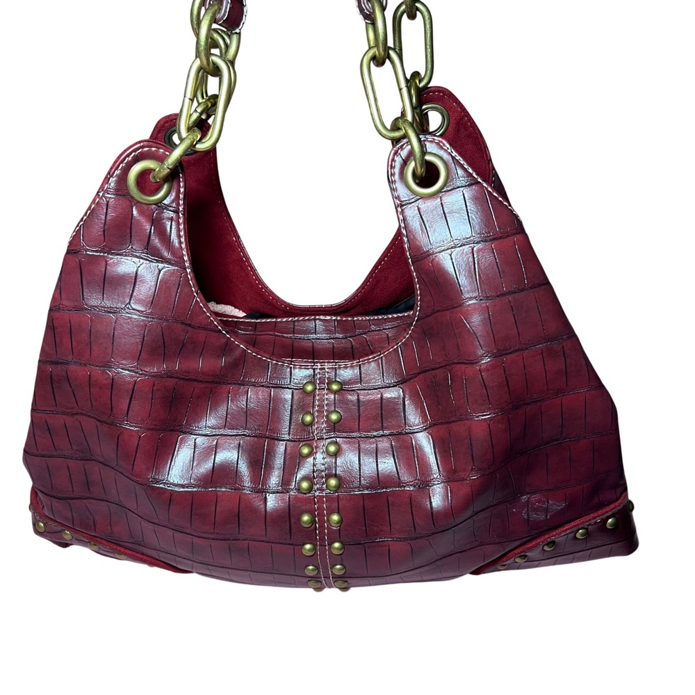 Pritzi Red Crocodile Embossed Hobo Bag Brass Chain Studded Shoulder Handbag